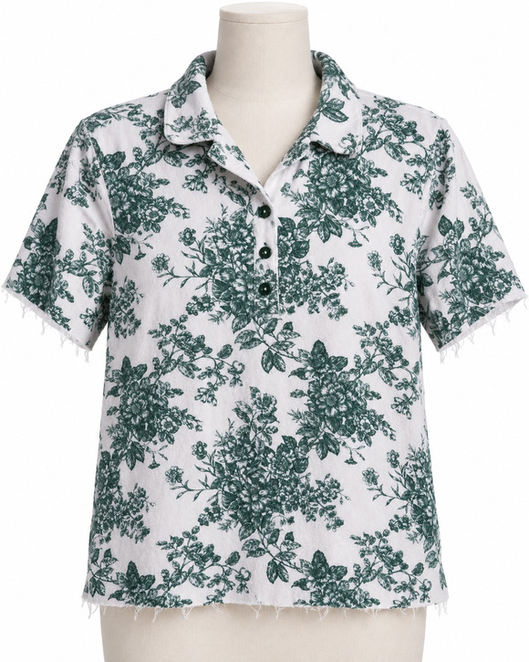 Garnet Hill Tops - Garnet Hill Women's White/Green Floral Toile Button Front Top Short Sleeve Large